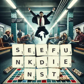 Kreative Illustration für ein Scrabble-Spiel, bei dem das Wort SEEFUNKDIENST mit Steinen auf dem Brett gelegt wurde.