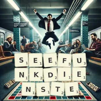 Kreative Illustration für ein Scrabble-Spiel, bei dem das Wort SEEFUNKDIENSTE mit Steinen auf dem Brett gelegt wurde.