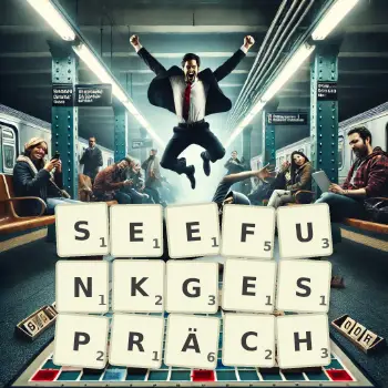 Kreative Illustration für ein Scrabble-Spiel, bei dem das Wort SEEFUNKGESPRÄCH mit Steinen auf dem Brett gelegt wurde.