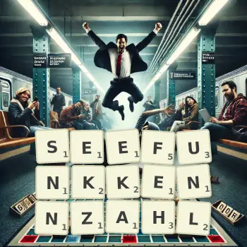 Kreative Illustration für ein Scrabble-Spiel, bei dem das Wort SEEFUNKKENNZAHL mit Steinen auf dem Brett gelegt wurde.
