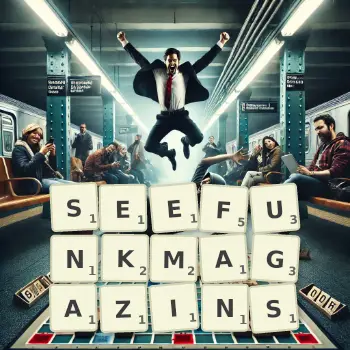 Kreative Illustration für ein Scrabble-Spiel, bei dem das Wort SEEFUNKMAGAZINS mit Steinen auf dem Brett gelegt wurde.