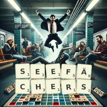 Kreative Illustration für ein Scrabble-Spiel, bei dem das Wort SEEFÄCHERS mit Steinen auf dem Brett gelegt wurde.