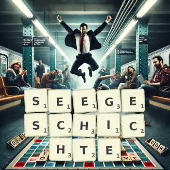Kreative Illustration für ein Scrabble-Spiel, bei dem das Wort SEEGESCHICHTE mit Steinen auf dem Brett gelegt wurde.