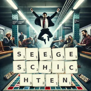 Kreative Illustration für ein Scrabble-Spiel, bei dem das Wort SEEGESCHICHTEN mit Steinen auf dem Brett gelegt wurde.
