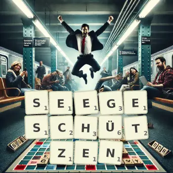 Kreative Illustration für ein Scrabble-Spiel, bei dem das Wort SEEGESCHÜTZEN mit Steinen auf dem Brett gelegt wurde.