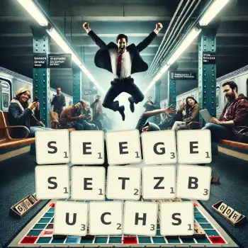 Kreative Illustration für ein Scrabble-Spiel, bei dem das Wort SEEGESETZBUCHS mit Steinen auf dem Brett gelegt wurde.