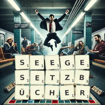 Kreative Illustration für ein Scrabble-Spiel, bei dem das Wort SEEGESETZBÜCHER mit Steinen auf dem Brett gelegt wurde.