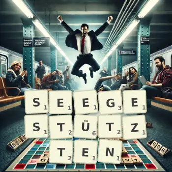 Kreative Illustration für ein Scrabble-Spiel, bei dem das Wort SEEGESTÜTZTEN mit Steinen auf dem Brett gelegt wurde.