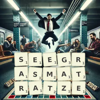 Kreative Illustration für ein Scrabble-Spiel, bei dem das Wort SEEGRASMATRATZE mit Steinen auf dem Brett gelegt wurde.