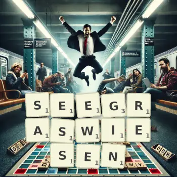 Kreative Illustration für ein Scrabble-Spiel, bei dem das Wort SEEGRASWIESEN mit Steinen auf dem Brett gelegt wurde.