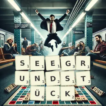 Kreative Illustration für ein Scrabble-Spiel, bei dem das Wort SEEGRUNDSTÜCK mit Steinen auf dem Brett gelegt wurde.