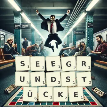 Kreative Illustration für ein Scrabble-Spiel, bei dem das Wort SEEGRUNDSTÜCKE mit Steinen auf dem Brett gelegt wurde.