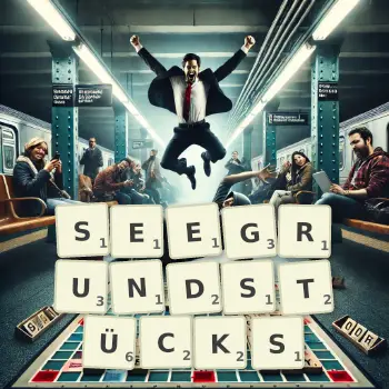 Kreative Illustration für ein Scrabble-Spiel, bei dem das Wort SEEGRUNDSTÜCKS mit Steinen auf dem Brett gelegt wurde.