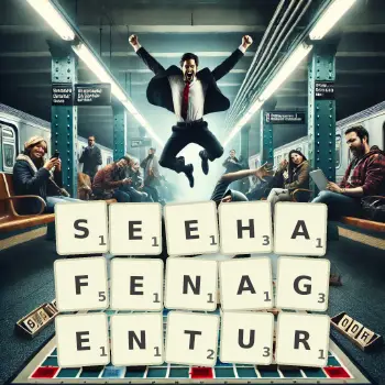 Kreative Illustration für ein Scrabble-Spiel, bei dem das Wort SEEHAFENAGENTUR mit Steinen auf dem Brett gelegt wurde.