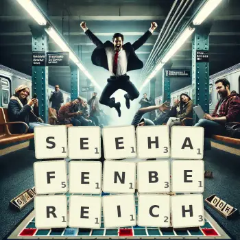 Kreative Illustration für ein Scrabble-Spiel, bei dem das Wort SEEHAFENBEREICH mit Steinen auf dem Brett gelegt wurde.
