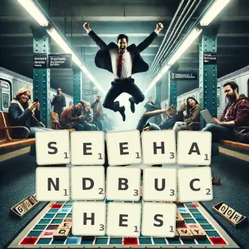 Kreative Illustration für ein Scrabble-Spiel, bei dem das Wort SEEHANDBUCHES mit Steinen auf dem Brett gelegt wurde.