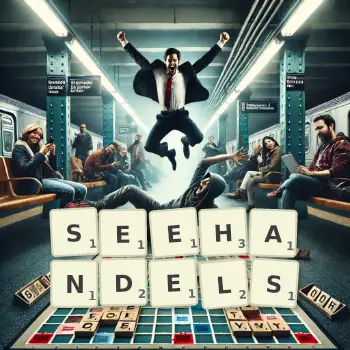 Kreative Illustration für ein Scrabble-Spiel, bei dem das Wort SEEHANDELS mit Steinen auf dem Brett gelegt wurde.