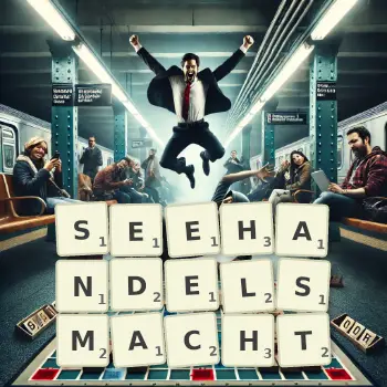 Kreative Illustration für ein Scrabble-Spiel, bei dem das Wort SEEHANDELSMACHT mit Steinen auf dem Brett gelegt wurde.