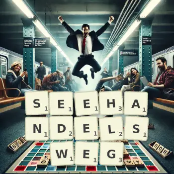 Kreative Illustration für ein Scrabble-Spiel, bei dem das Wort SEEHANDELSWEG mit Steinen auf dem Brett gelegt wurde.