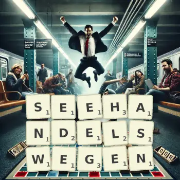 Kreative Illustration für ein Scrabble-Spiel, bei dem das Wort SEEHANDELSWEGEN mit Steinen auf dem Brett gelegt wurde.