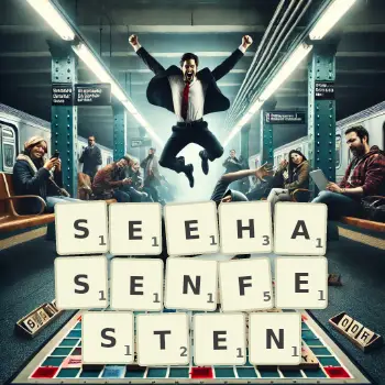 Kreative Illustration für ein Scrabble-Spiel, bei dem das Wort SEEHASENFESTEN mit Steinen auf dem Brett gelegt wurde.