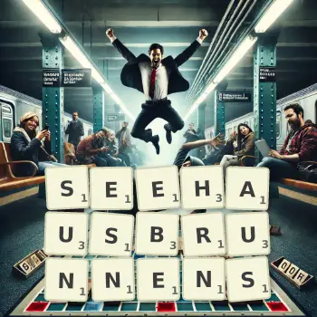 Kreative Illustration für ein Scrabble-Spiel, bei dem das Wort SEEHAUSBRUNNENS mit Steinen auf dem Brett gelegt wurde.