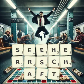Kreative Illustration für ein Scrabble-Spiel, bei dem das Wort SEEHERRSCHAFT mit Steinen auf dem Brett gelegt wurde.