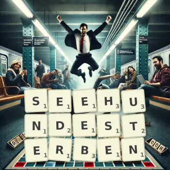 Kreative Illustration für ein Scrabble-Spiel, bei dem das Wort SEEHUNDESTERBEN mit Steinen auf dem Brett gelegt wurde.