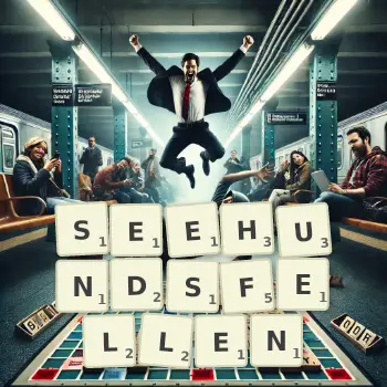 Kreative Illustration für ein Scrabble-Spiel, bei dem das Wort SEEHUNDSFELLEN mit Steinen auf dem Brett gelegt wurde.