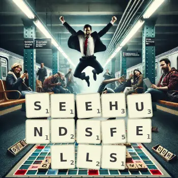 Kreative Illustration für ein Scrabble-Spiel, bei dem das Wort SEEHUNDSFELLS mit Steinen auf dem Brett gelegt wurde.
