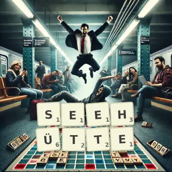 Kreative Illustration für ein Scrabble-Spiel, bei dem das Wort SEEHÜTTE mit Steinen auf dem Brett gelegt wurde.