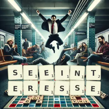 Kreative Illustration für ein Scrabble-Spiel, bei dem das Wort SEEINTERESSE mit Steinen auf dem Brett gelegt wurde.