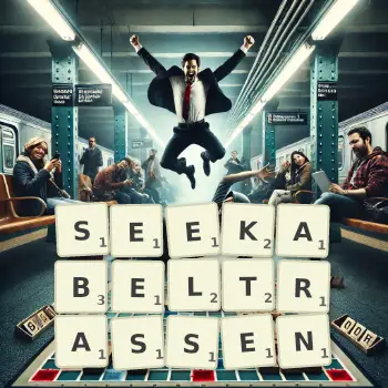 Kreative Illustration für ein Scrabble-Spiel, bei dem das Wort SEEKABELTRASSEN mit Steinen auf dem Brett gelegt wurde.
