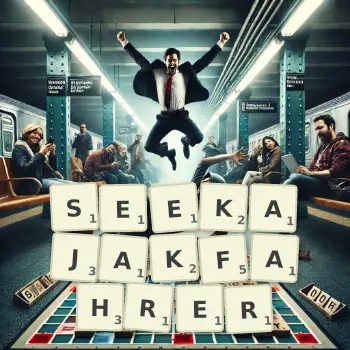 Kreative Illustration für ein Scrabble-Spiel, bei dem das Wort SEEKAJAKFAHRER mit Steinen auf dem Brett gelegt wurde.