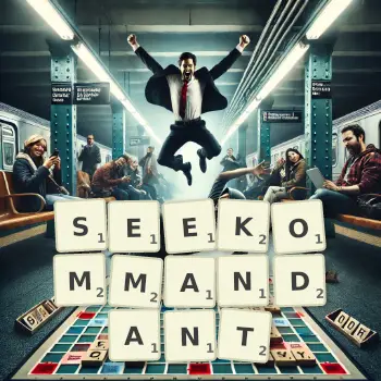 Kreative Illustration für ein Scrabble-Spiel, bei dem das Wort SEEKOMMANDANT mit Steinen auf dem Brett gelegt wurde.