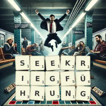 Kreative Illustration für ein Scrabble-Spiel, bei dem das Wort SEEKRIEGFÜHRUNG mit Steinen auf dem Brett gelegt wurde.