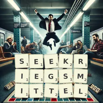 Kreative Illustration für ein Scrabble-Spiel, bei dem das Wort SEEKRIEGSMITTEL mit Steinen auf dem Brett gelegt wurde.