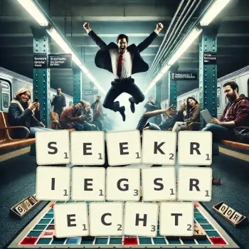 Kreative Illustration für ein Scrabble-Spiel, bei dem das Wort SEEKRIEGSRECHT mit Steinen auf dem Brett gelegt wurde.