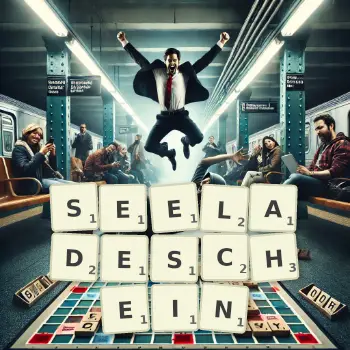 Kreative Illustration für ein Scrabble-Spiel, bei dem das Wort SEELADESCHEIN mit Steinen auf dem Brett gelegt wurde.