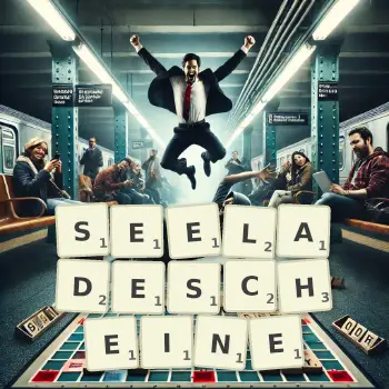 Kreative Illustration für ein Scrabble-Spiel, bei dem das Wort SEELADESCHEINE mit Steinen auf dem Brett gelegt wurde.