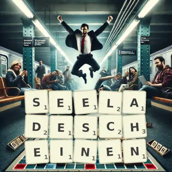 Kreative Illustration für ein Scrabble-Spiel, bei dem das Wort SEELADESCHEINEN mit Steinen auf dem Brett gelegt wurde.