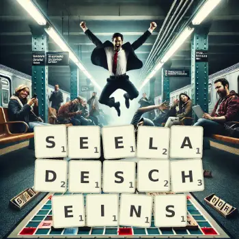 Kreative Illustration für ein Scrabble-Spiel, bei dem das Wort SEELADESCHEINS mit Steinen auf dem Brett gelegt wurde.