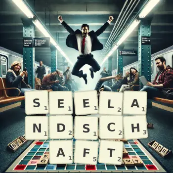 Kreative Illustration für ein Scrabble-Spiel, bei dem das Wort SEELANDSCHAFT mit Steinen auf dem Brett gelegt wurde.