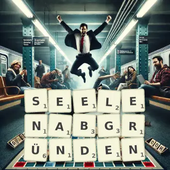 Kreative Illustration für ein Scrabble-Spiel, bei dem das Wort SEELENABGRÜNDEN mit Steinen auf dem Brett gelegt wurde.