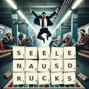 Kreative Illustration für ein Scrabble-Spiel, bei dem das Wort SEELENAUSDRUCKS mit Steinen auf dem Brett gelegt wurde.