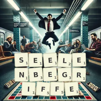 Kreative Illustration für ein Scrabble-Spiel, bei dem das Wort SEELENBEGRIFFE mit Steinen auf dem Brett gelegt wurde.