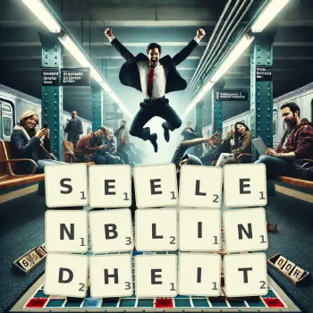 Kreative Illustration für ein Scrabble-Spiel, bei dem das Wort SEELENBLINDHEIT mit Steinen auf dem Brett gelegt wurde.