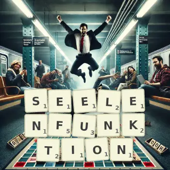 Kreative Illustration für ein Scrabble-Spiel, bei dem das Wort SEELENFUNKTION mit Steinen auf dem Brett gelegt wurde.