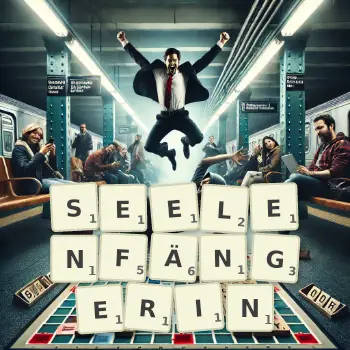 Kreative Illustration für ein Scrabble-Spiel, bei dem das Wort SEELENFÄNGERIN mit Steinen auf dem Brett gelegt wurde.