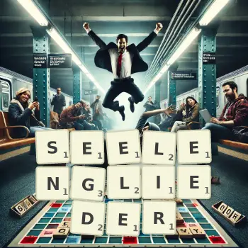Kreative Illustration für ein Scrabble-Spiel, bei dem das Wort SEELENGLIEDER mit Steinen auf dem Brett gelegt wurde.